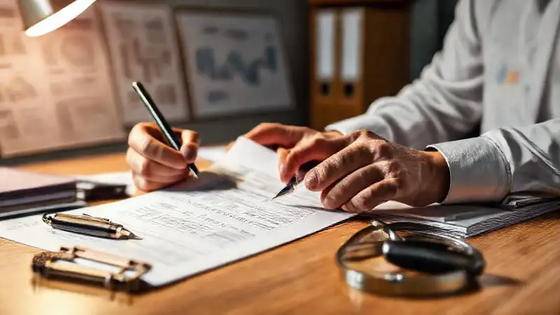 Auditor profesional revisa documentos en oficina moderna