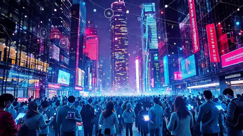 Ciudad futurista vibrante con tecnología y gente