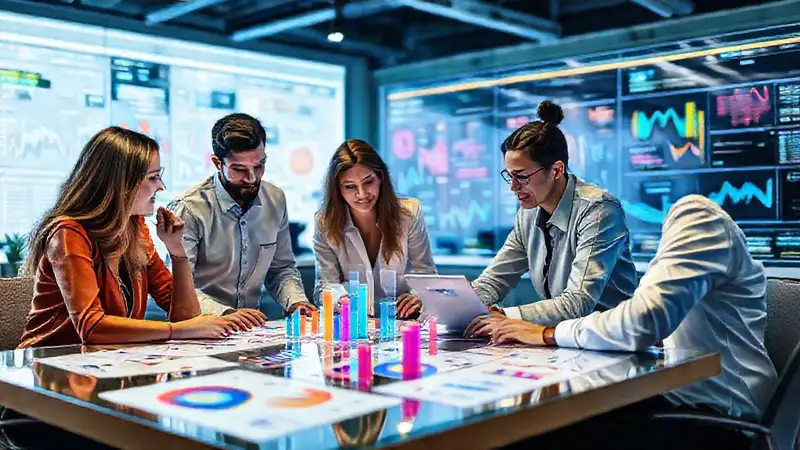 Equipo trabajando con gráficos y tecnología futurista