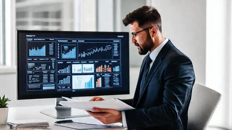 Auditor profesional revisa documentos en oficina moderna