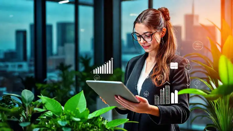 Mujer profesional analiza datos en entorno ecológico