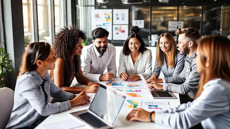 Equipo diverso y colaborativo en brainstorming dinámico
