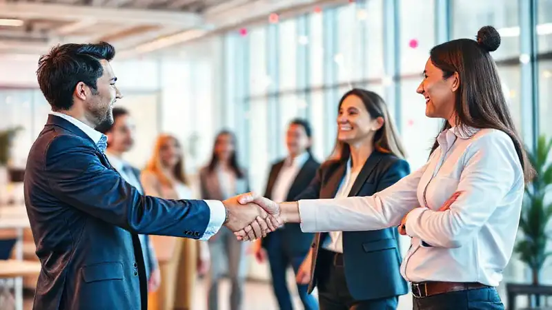 Profesionales saludando en oficina colaborativa moderna