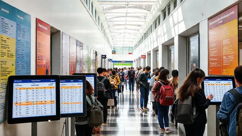 Campus moderno con estudiantes y señalización clara