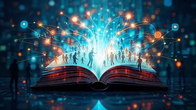 Libro abierto con luz y caminos conectados