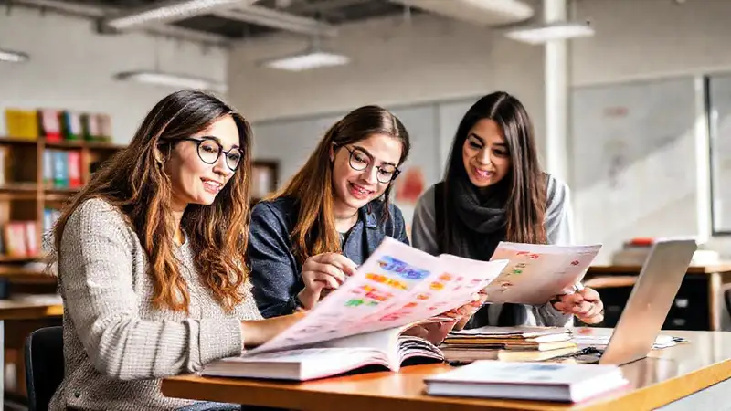 Estudiantes universitarios estudian en aula moderna