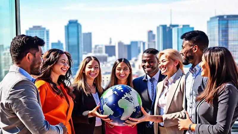 Profesionales diversos colaborando en ciudad moderna