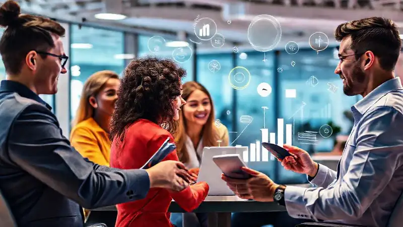 Equipos diversificados colaborando en oficina moderna