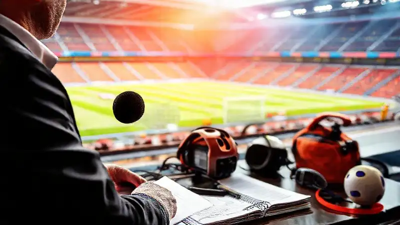 Periodista deportivo en estadio con micrófono