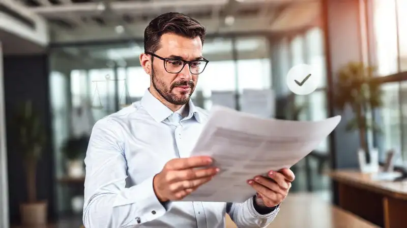 Profesional revisando documentos financieros en oficina moderna