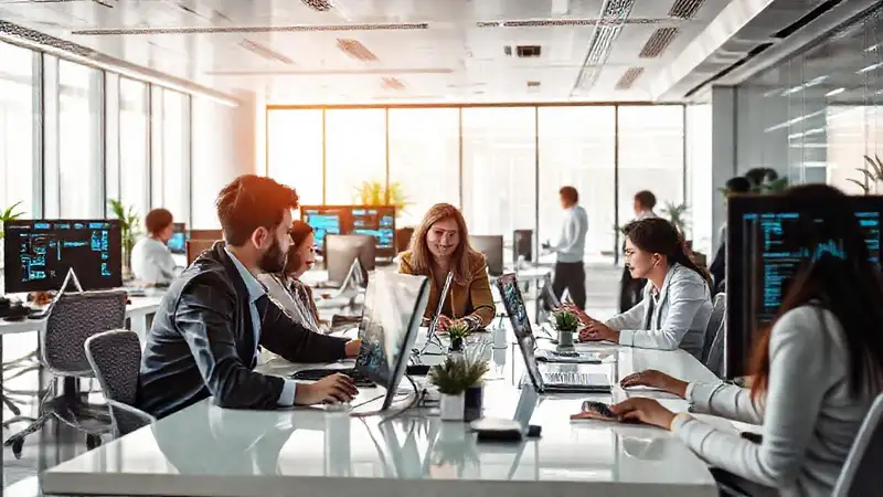 Oficina moderna y tecnológica con profesionales colaborando