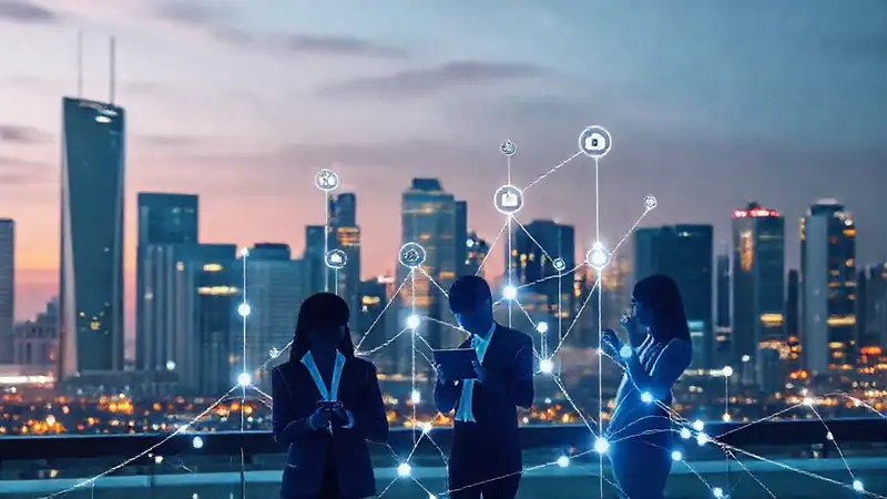 Iconos digitales, ciudad, profesionales conectados, innovación
