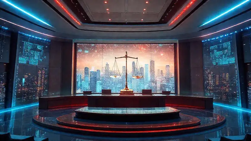 Tribunal futurista con hologramas y tecnología avanzada