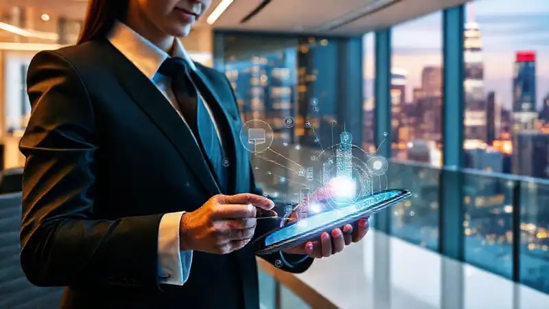 Ejecutivo digital en ciudad moderna y futurista