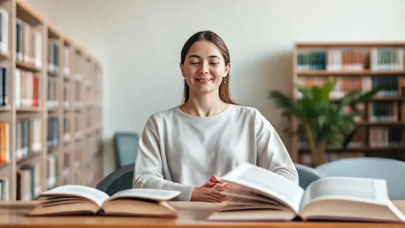 Estudiante meditativa en biblioteca tranquila