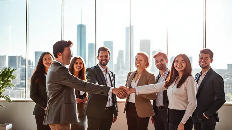 Jóvenes profesionales se saludan en oficina moderna