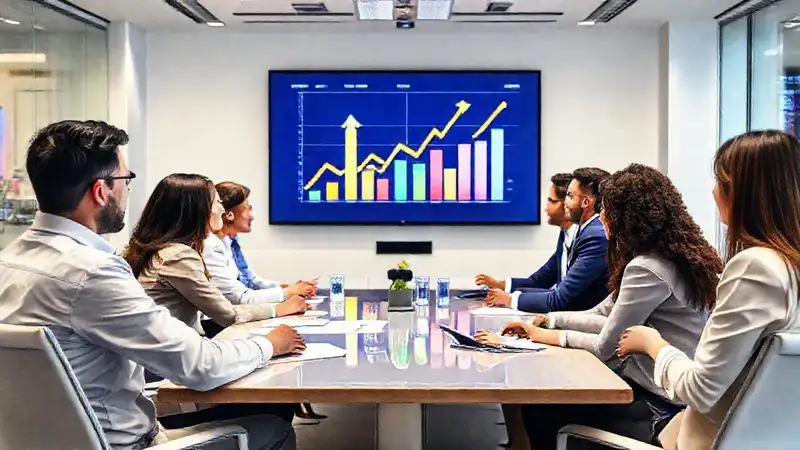 Reunión profesional con gráficos y colaboración