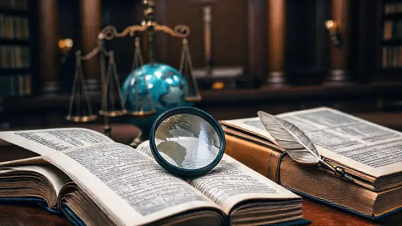 Libros de leyes antiguas y símbolos jurídicos