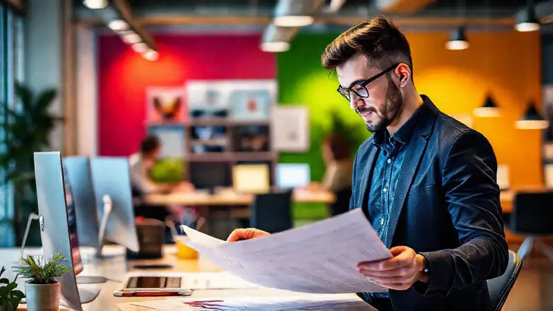 Profesional joven revisa planes en oficina moderna