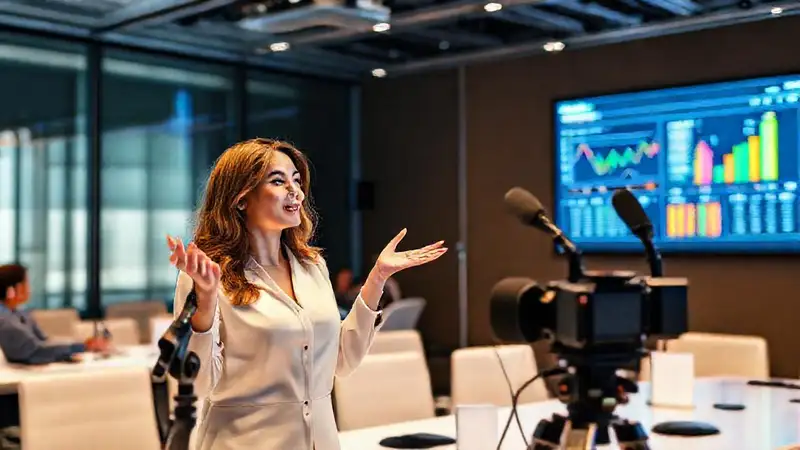 Mujer profesional presenta en conferencia moderna
