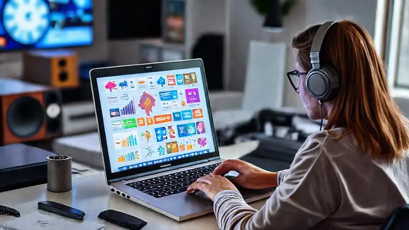 Laptop con gráficos y persona estudiosa