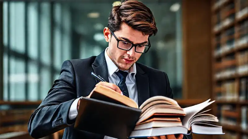 Estudiante en biblioteca con libros y tablet