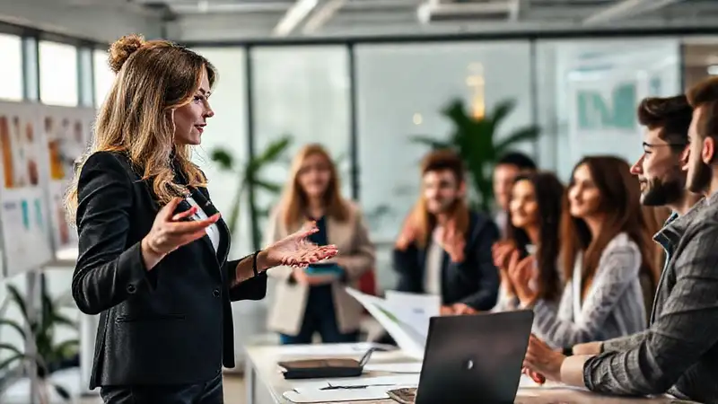 Mujer profesional presenta en oficina moderna