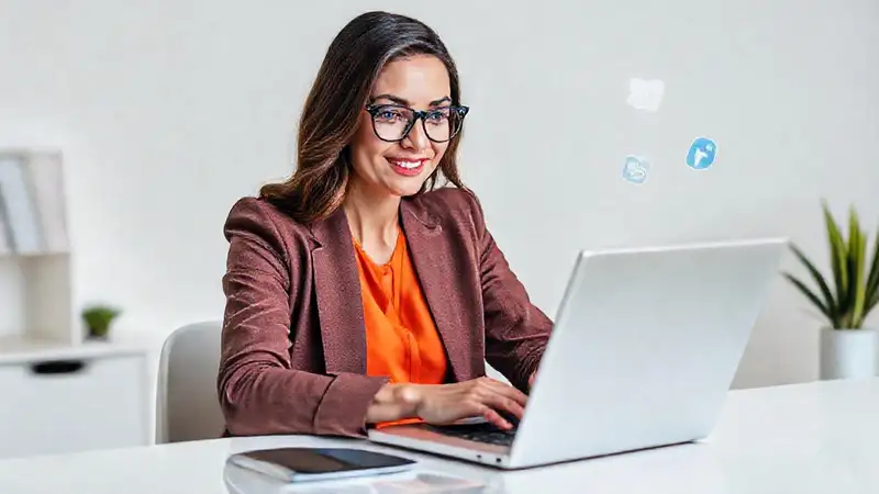 Mujer profesional creando contenido en laptop