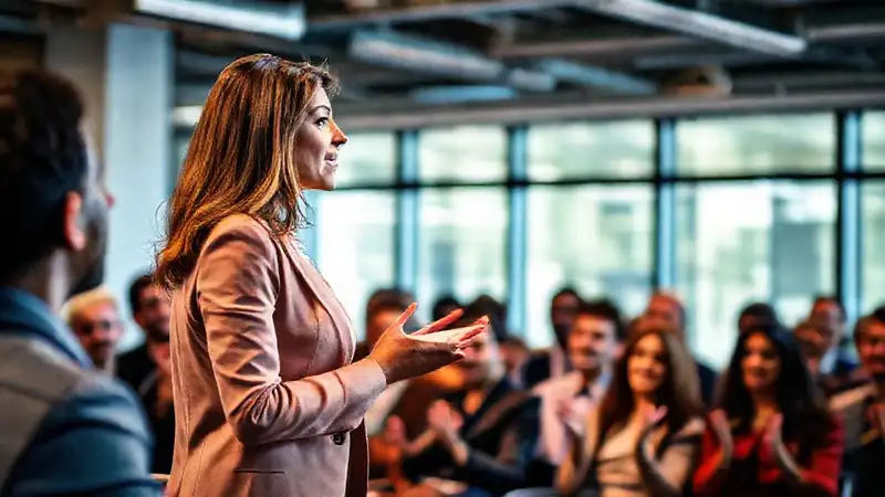 Mujer profesional inspira con confianza en conferencia
