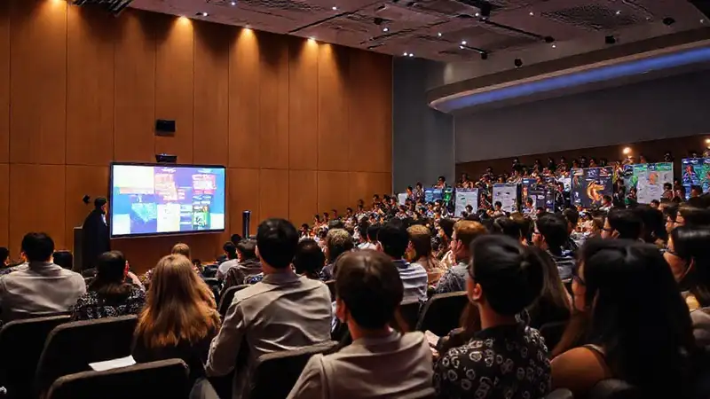 Estudiantes seguros presentan en auditorio moderno