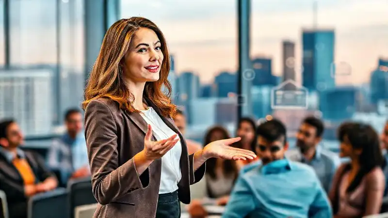 Mujer profesional presenta ante audiencia diversa