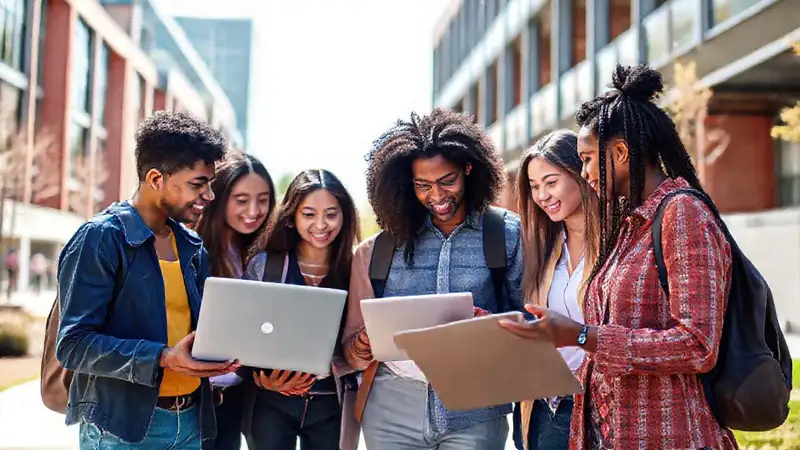 estudiantes colaborando en campus moderno y vibrante