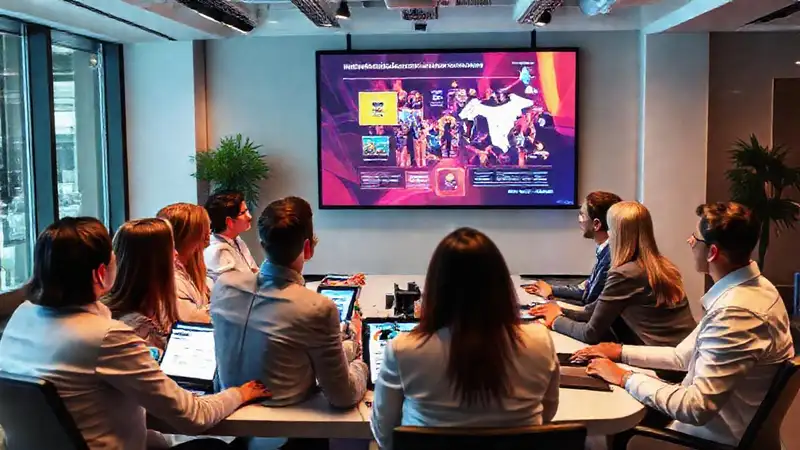 Reunión empresarial con slides modernas y vibrantes