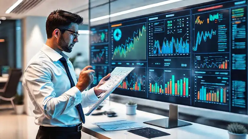 Gráficos financieros y datos en oficina moderna