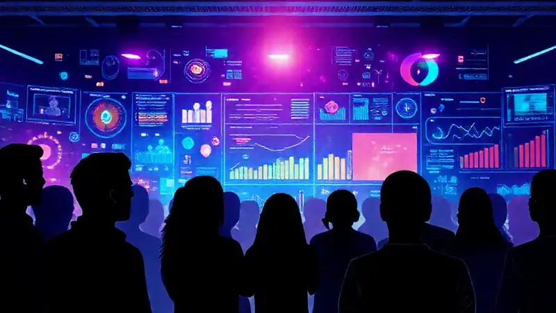 Audiencia diversa con tecnología y gráficos vibrantes