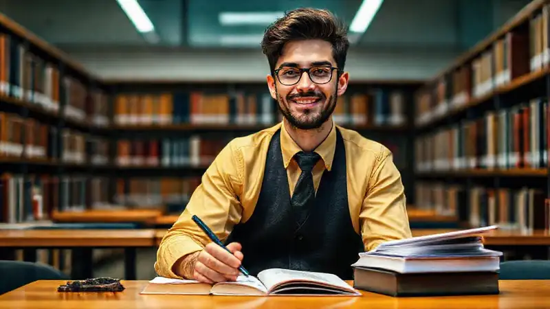 Estudiante de derecho estudia con confianza y motivación