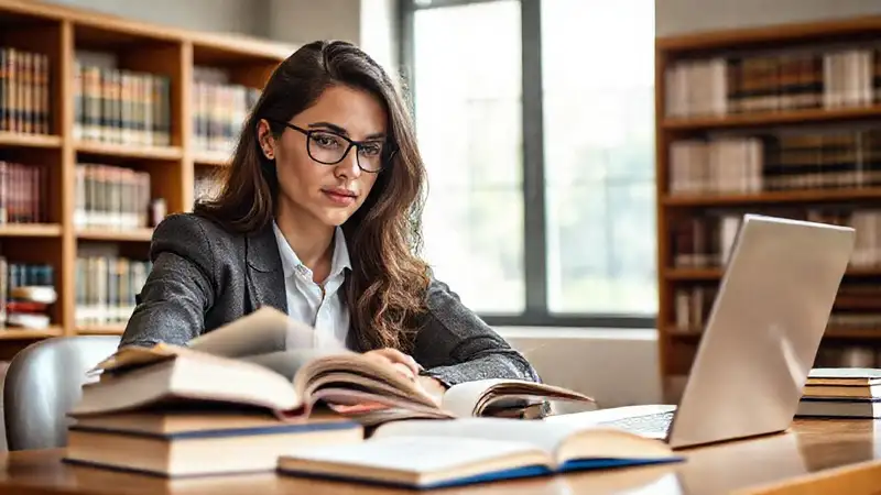 Estudiante estudia con confianza en biblioteca