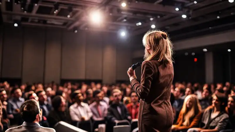 Mujer empoderada da charla en escenario moderno