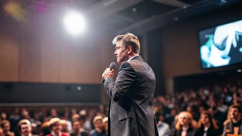 Orador seguro e inspirador en escenario brillante