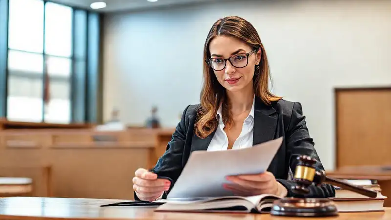 Abogada analizando documentos en sala moderna