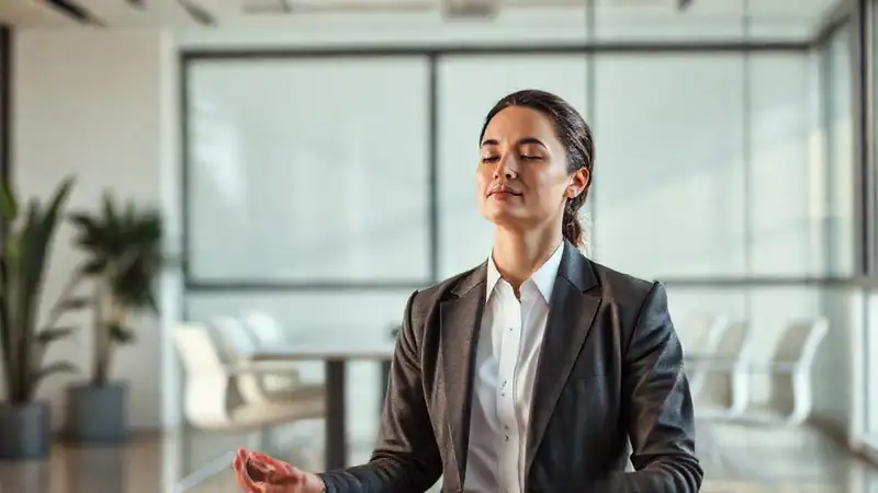 Persona tranquila meditando en oficina moderna y minimalista