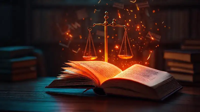 Libro abierto con balanzas y textos legales