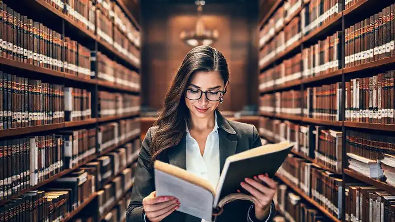 Mujer estudia en biblioteca jurídica moderna
