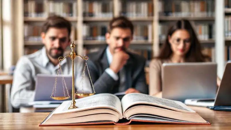 Biblioteca moderna con estudiantes y documentos legales