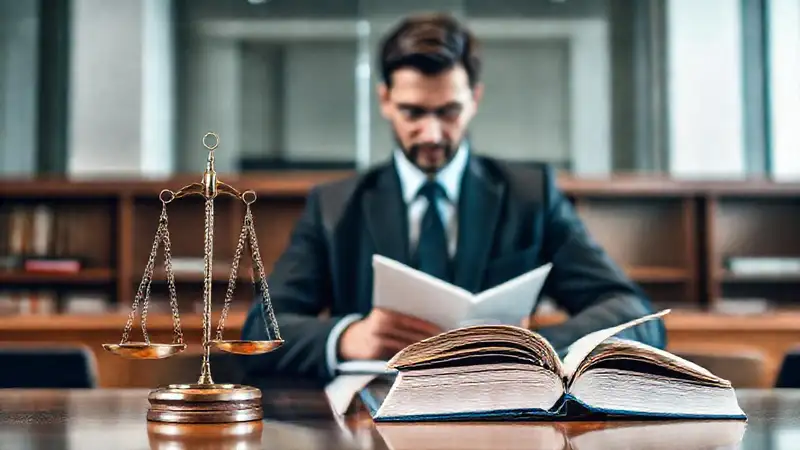 Abogado estudia en moderna sala de justicia