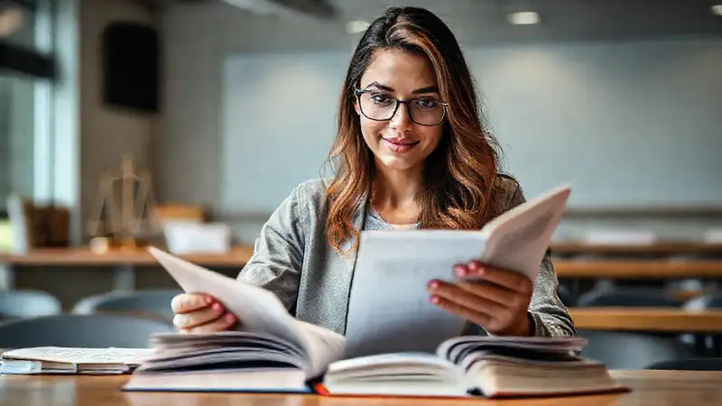 Estudiante confiado estudiando leyes en aula moderna