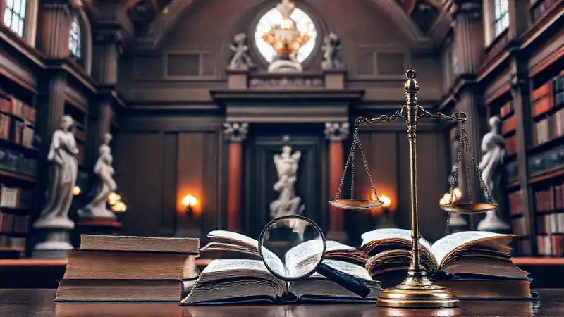 Interior elegante con libros y balanza de justicia
