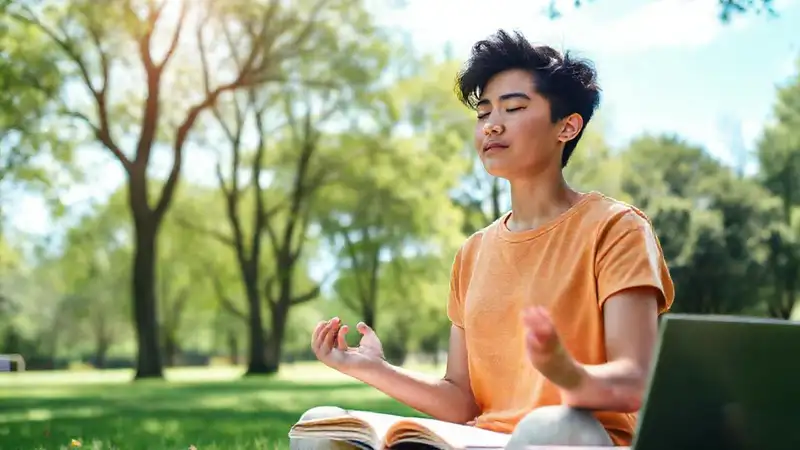 Estudiante meditando en parque tranquilo y calmado