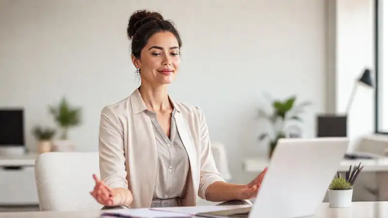 Mujer profesional meditando en oficina tranquila