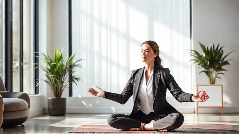 Abogado en yoga en oficina tranquila y moderna